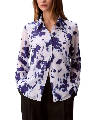 Calvin Klein Chiffon Print Relaxed Button-down Shirt In White