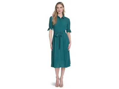 Calvin Klein Chiffon Short Sleeve Shirt Dress In Blue