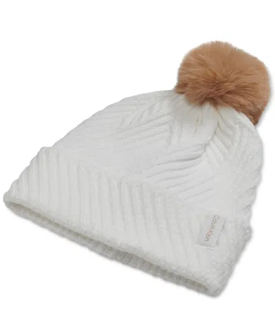Calvin Klein Chunky Rib Knit Pom Beanie In Cream