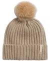 Calvin Klein Chunky Rib Knit Pom Beanie In Heathered Almond