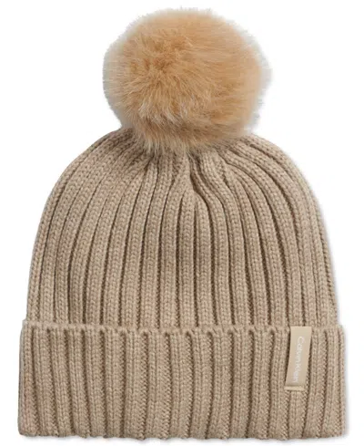 Calvin Klein Chunky Rib Knit Pom Beanie In Heathered Almond