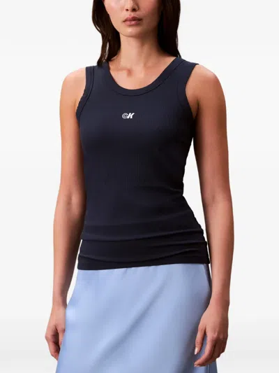 Calvin Klein Ck Logo Ribbed Tank Top In Blue