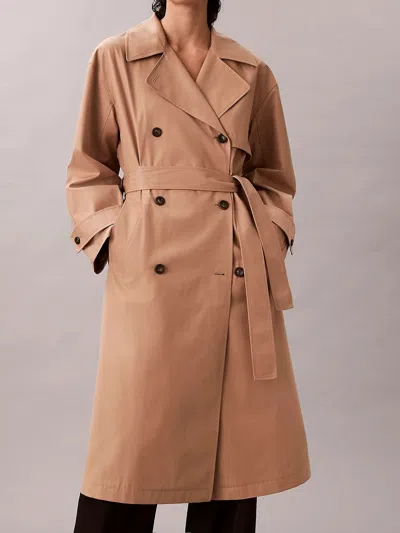 Calvin Klein Classic Cotton Blend Long Trench Coat In Brown