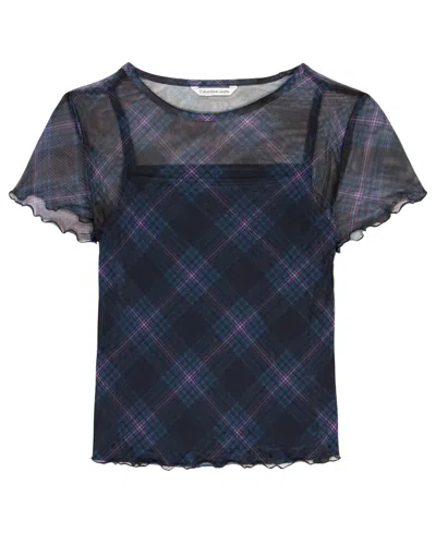Calvin Klein Kids' Clavin Klein Big Girls Plaid Power Mesh Short Sleeve Shirt In Blue