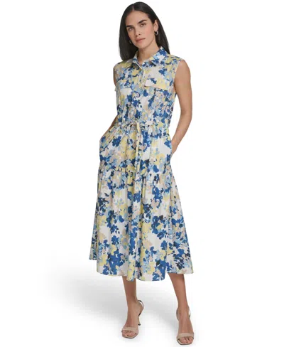 Calvin Klein Collared Sleeveless Midi Dress In White