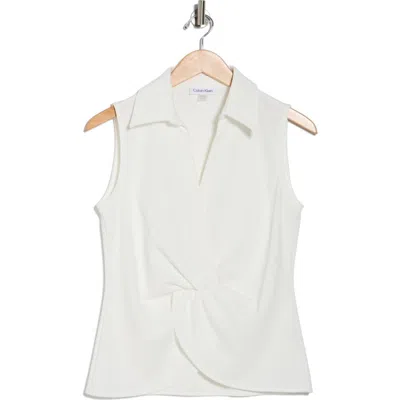 Calvin Klein Collared Sleeveless Twist Front Top In White