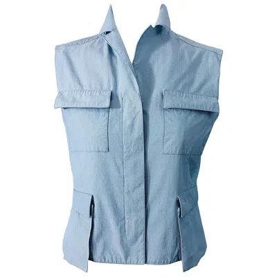 Pre-owned Calvin Klein Collection 1990s Size 6 Seersucker Utility Vintage 90s Vest Shirt In Blue