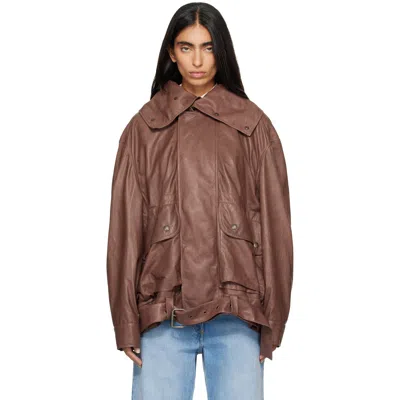 Calvin Klein Collection Brown Isa Leather Flight Jacket In Currant