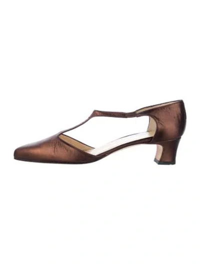 Pre-owned Calvin Klein Collection Leather T-strap Pumps In Brown