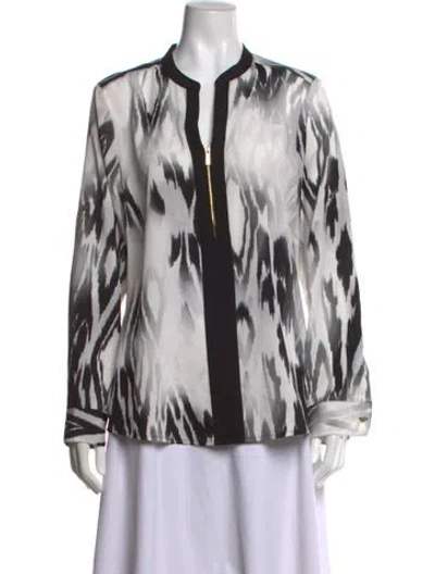Pre-owned Calvin Klein Collection Printed V-neck Button-up Top In Gray