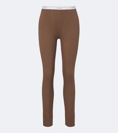 Calvin Klein Collection Rosalie Ribbed-knit Cotton-blend Leggings In Brown