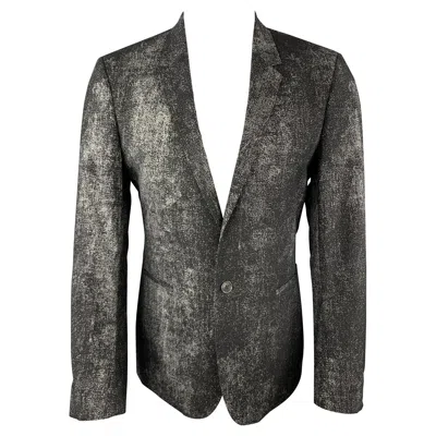 Pre-owned Calvin Klein Collection Size 36 Black & Grey Distressed Print Sport Coat In Gray