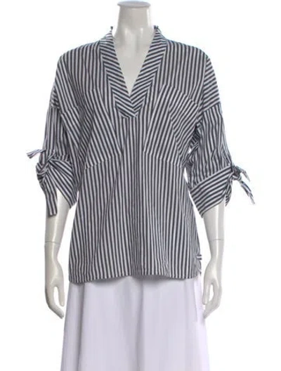 Pre-owned Calvin Klein Collection Striped V-neck Blouse In White