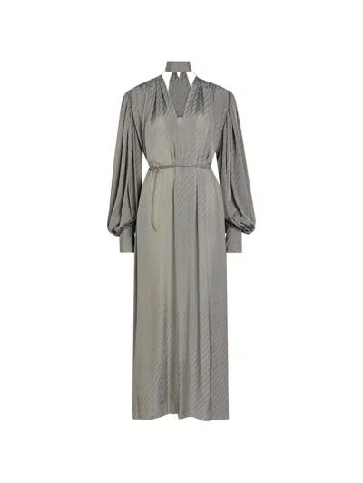 Calvin Klein Collection Stripe-pattern Pleated-sleeve Midi Dress In Gray