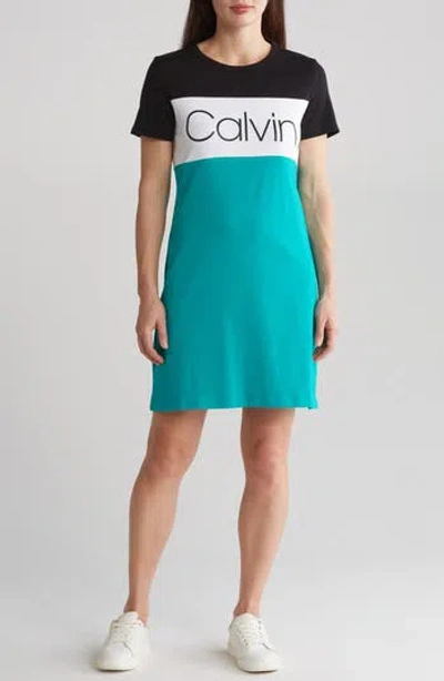 Calvin Klein Colorblock Logo T-shirt Dress In Black/white/jungle