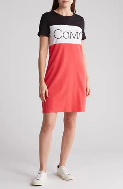 Calvin Klein Colorblock Logo T-shirt Dress In Black/white/watermelon