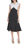 Calvin Klein Colorblock Sleeveless A-line Midi Dress In Black/white