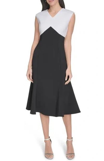 Calvin Klein Colorblock Sleeveless A-line Midi Dress In Black/white