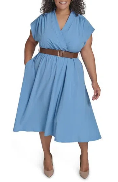 Calvin Klein Comm Belted Midi Shirtdress In Blue