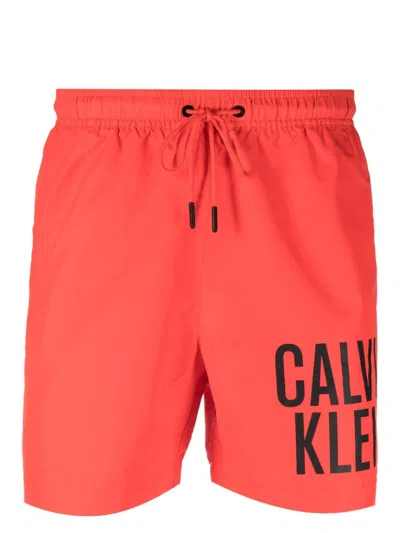 Calvin Klein Contrasting Logo-print Swim Shorts In Red