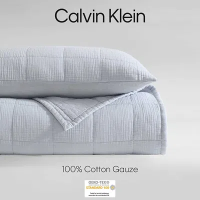Calvin Klein Cotton Gauze Solid 3 Piece Quilt Set, Queen In Blue