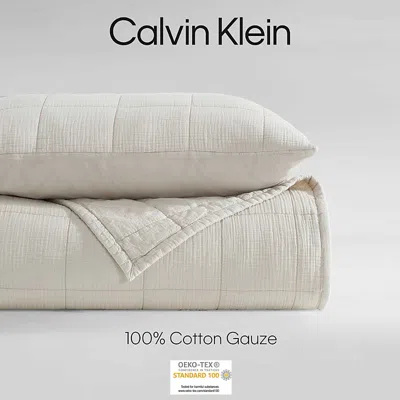 Calvin Klein Cotton Gauze Solid 3 Piece Quilt Set, Queen In Brown