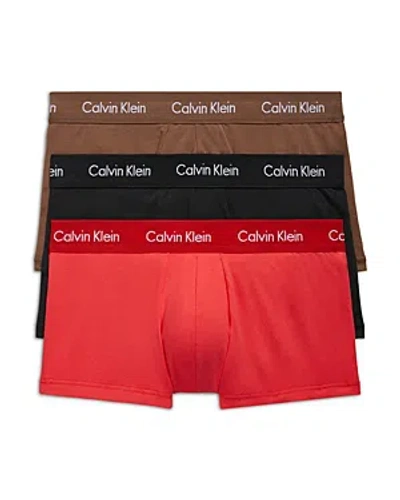 Calvin Klein Cotton Stretch Moisture Wicking Low Rise Trunks, Pack Of 3 In Black/cocoa Brown/rouge