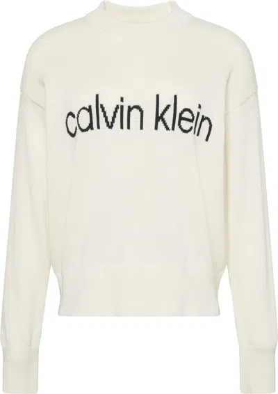 Calvin Klein Cream Relaxed-fit Sweater With Graphic Logo In Neutral