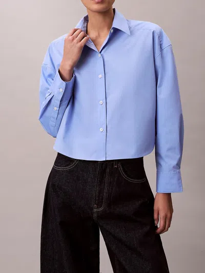 Calvin Klein Poplin Cropped Shirt Collared Long Sleeves In Blue