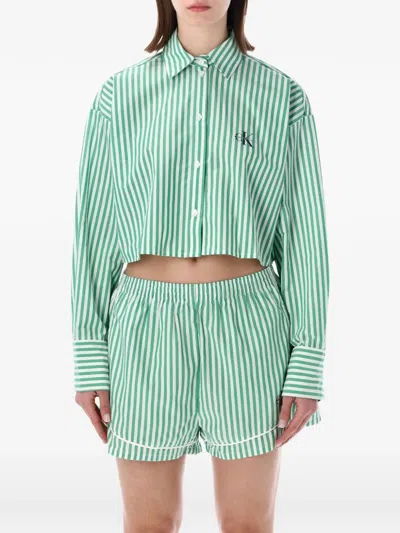 Calvin Klein Cropped Cotton Poplin Pajama Top In Green