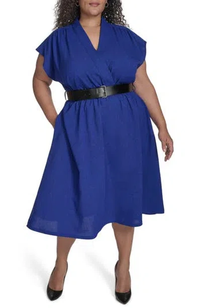 Calvin Klein Crosshatch Cap Sleeve Belted Midi Dress In Ultramarine