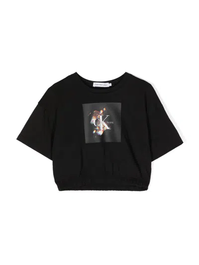 Calvin Klein Kids' Crystal-print Cropped T-shirt In Black