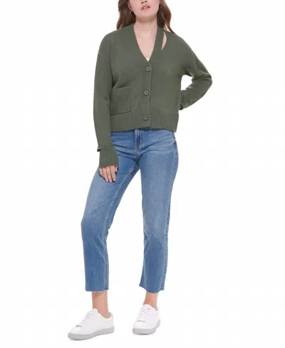 Calvin Klein Cutout V Neck Cardigan In Green