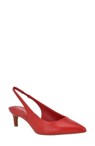 Calvin Klein Dainty Kitten Heel Pointed Toe Slingback Pump In Red Leather