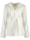 Calvin Klein V-neck Blouse With Buttoned Cuffs And Draped Front In White