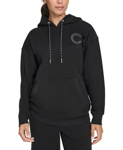 Calvin Klein Eco Hoodie Women's Black Fleece Lined Logo Pockets Pullover Fts431 In Blue