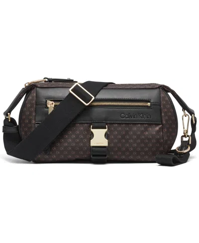 Calvin Klein Elora Nylon Mini Signature Top Zipper Crossbody In Brown