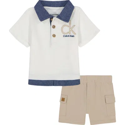 Calvin Klein Babies'  Embroidered Knit Polo & Woven Shorts Set In White