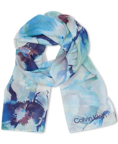 Calvin Klein Ethereal Floral Chiffon Wrap In Ethereal Blue