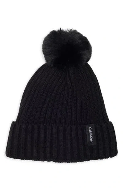 Calvin Klein Faux Fur Pompom Beanie In Black