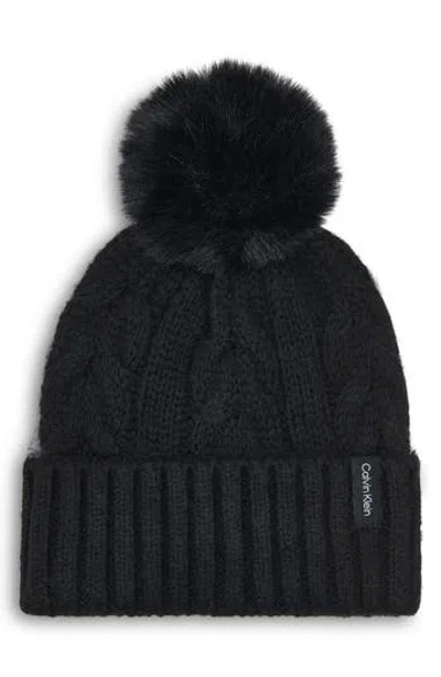 Calvin Klein Faux Fur Pompom Beanie In Black