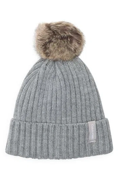 Calvin Klein Faux Fur Pompom Beanie In Gray