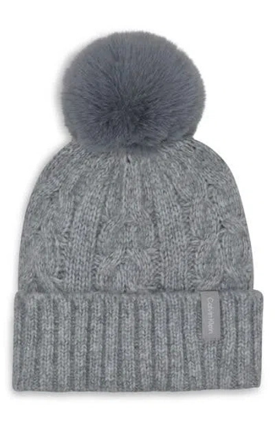 Calvin Klein Faux Fur Pompom Beanie In Gray
