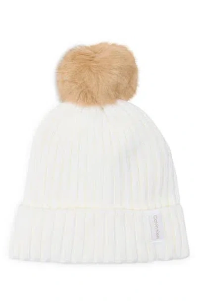 Calvin Klein Faux Fur Pompom Beanie In White
