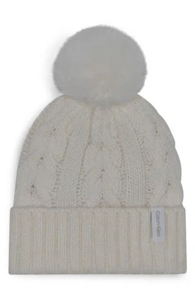 Calvin Klein Faux Fur Pompom Beanie In White