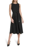 Calvin Klein Faux Leather Belt Scuba Crepe Midi A-line Dress In Black