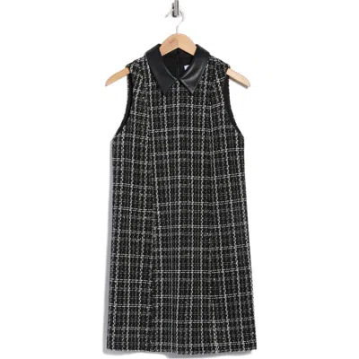 Calvin Klein Faux Leather Collared Tweed Shift Dress In Multi