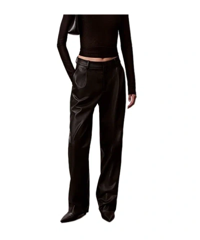 Calvin Klein Faux Leather Pleated Trousers In Black