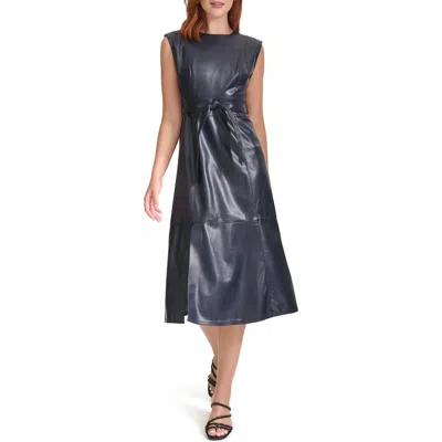 Calvin Klein Faux Leather Sleeveless Belted Midi Dress In Indigo