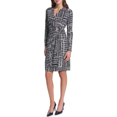 Calvin Klein Faux Wrap Long Sleeve Body-con Dress In Multi